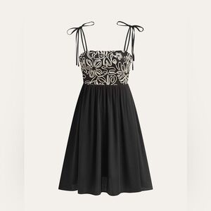 Black Embroidered Midi Dress with Tie-Up Straps Small NWT Commense‎